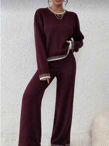 Basic Striped Mousse Women's Knit Set For Autumn/Winter - Burgundy - View 2
