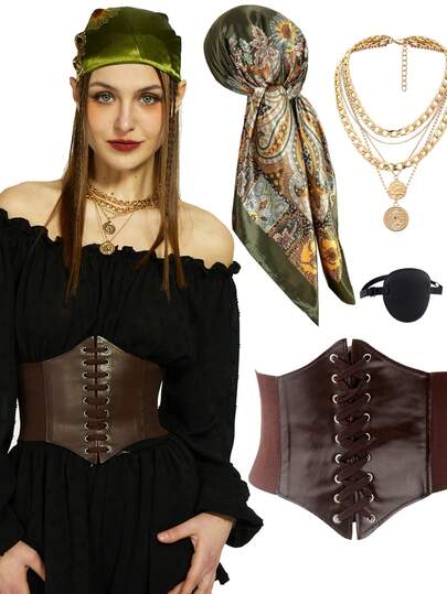 Pirate Costume Accessories Women Pirate Bandanas Head Scarf Eye Patch Medieval Corset Necklace Jewelry