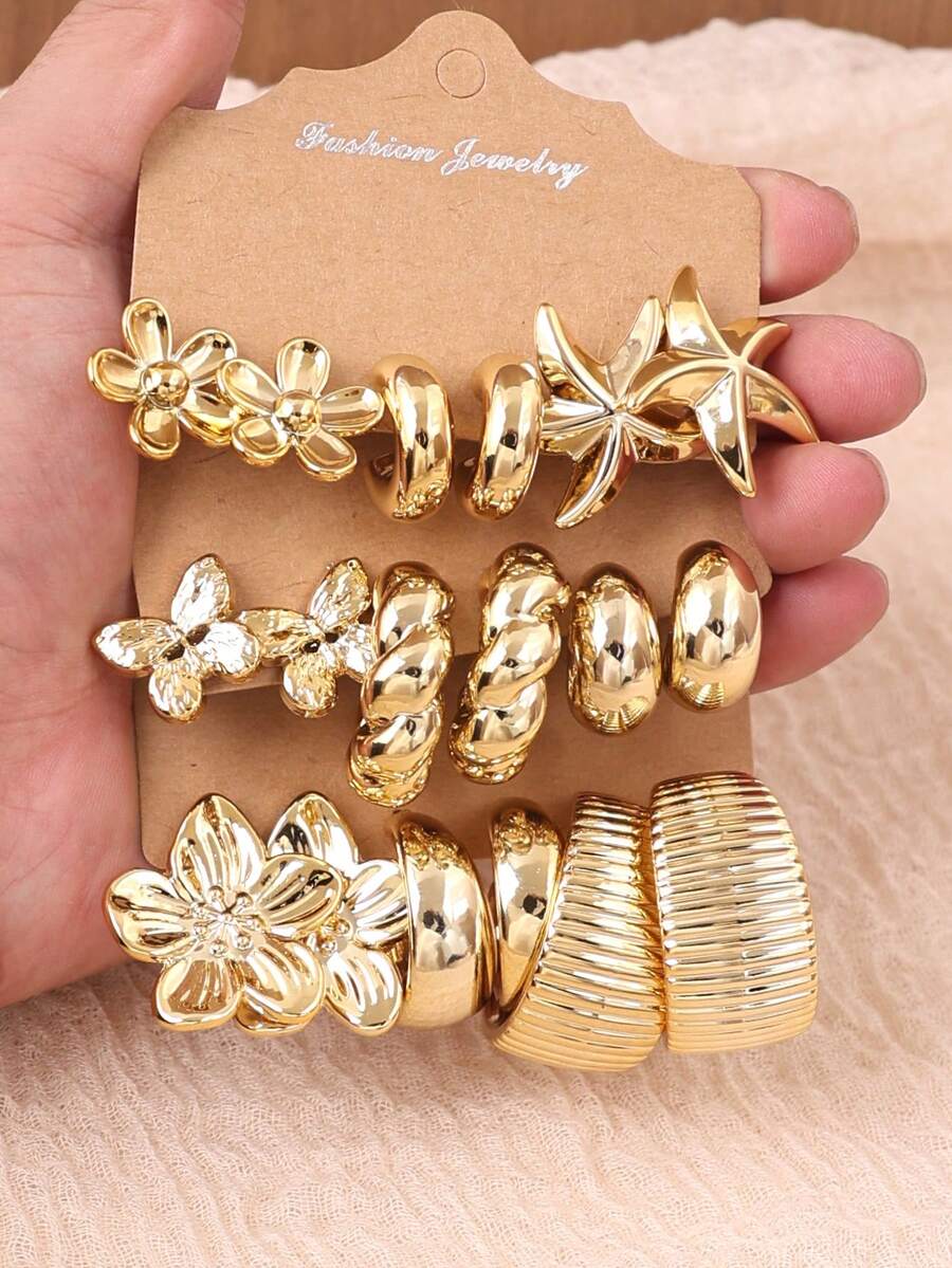 6/18pcs Gold-Tone Fashion Earring Set For Women, Includes 5-Petal Flower & Small C-Shaped Designs, Stylish & Elegant, Suitable For Daily, Party, And Gift Giving For Friends & Mothers - Multicolor - View 1