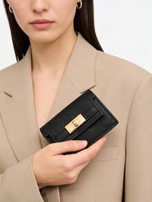 Women's Fashion Litchi Grain Lock Closure Short Multi-Card Slot Clutch Wallet - Black - View 3