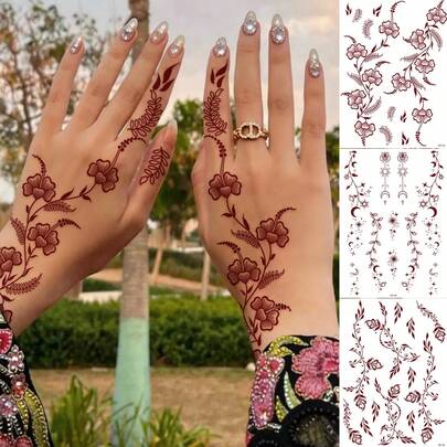 3pcs Moon & Flower Pattern Wine Red Nail Art Temporary Tattoo Stickers - Manhaiti Design Body Painting Tattoos For Party & Festival