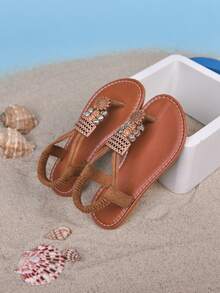 2026 Summer Girls' Flat Sandals With Adjustable Toe And Heel Straps, Fashion Kids Sandals With Rhinestone Elastic Bands, Girls' Slip-On Beach Shoes, Bohemian Style, Suitable For Summer Wear - Brown - View 4