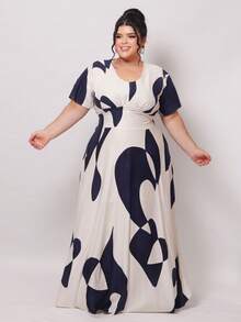 Vestido LONGO MILY  Plus Size Feminino Visco Linho Sarjado Decote Redondo Manga Curta Elegante - Azul Marinho - Visão 4