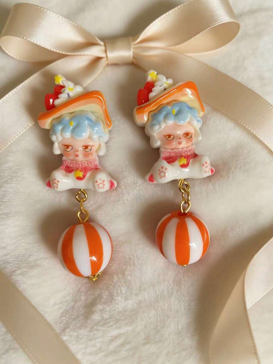 1对2件套甜美风格耳环，女士款：蓝色卡通发夹+蛋糕造型装饰+橙白条纹球形吊坠，可爱日常约会礼物配饰 - 彩色 - 查看 1