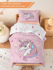 2PCS Toddler Bedding Set Cartoon Unicorn Duvet Set(Four Season Collection) Double-Faced Duvet Cover Set For Baby Children'S Machine Washable Suitable For Newborn Beds Crib Giving Gifts During Holidays (1 Single-Sided Printed Pillowcase+1 Double-Sided Printed Duvet Cover,No Filling Material) The Pillowcase Is Single-Sided Printed And Measures 40x60cm 100% Polyester - Multicolor - View 1