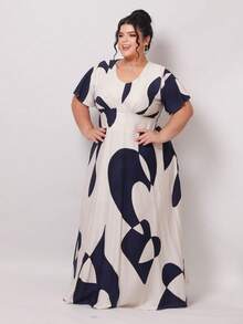 Vestido LONGO MILY  Plus Size Feminino Visco Linho Sarjado Decote Redondo Manga Curta Elegante - Azul Marinho - Visão 8