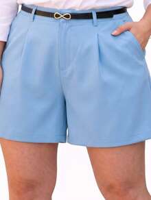 Women's Plus Size Tailored Shorts With Belt And Pockets, High Waist - 淺藍色 - 查看 2