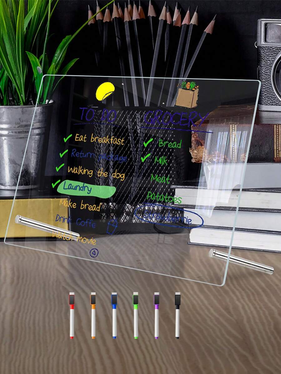 1套透明桌面展示板（含6支白色马克笔）干擦白板磁性板备忘板创意家用白板 - 多色 - 查看 1