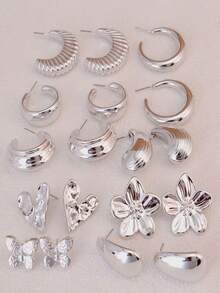 欧美跨境流行珠宝金属几何优雅耳环套装，花朵、心形、C形圈形耳环 - 銀色 - 查看 3