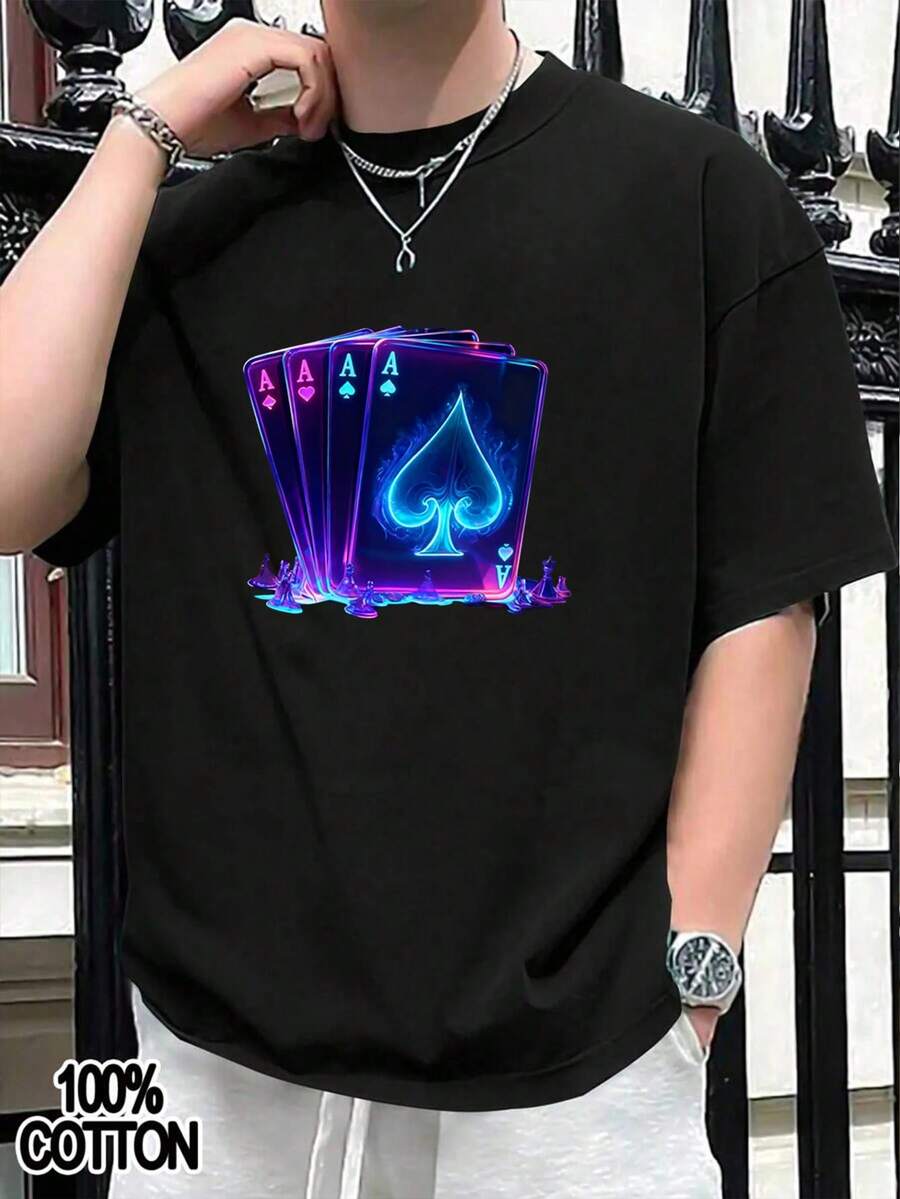 Envío nacional | camiseta de manga corta con estampado casual de algodón puro para hombres en primavera y verano - Negro - Ver 1