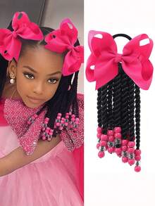 1 pieza Peluca de coleta trenzada con cuentas y lazo para niñas, estilo trenzado con clip, adecuado para niñas - Negro natural - Ver 13