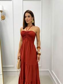 Long Dress With Three Tiers, Elasticated, Multi-Way Detail, Halter Neck, Elegant Boho Style, Gathered Hem With Ruffle, Open Back, Backless, For Weddings. - Burnt Orange - View 4