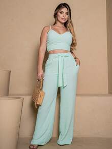 Women's Set: Wide-Leg Pants And Cropped Top With Padded Cups And Adjustable Straps. Available In Autumn/Winter Colors. - Baby Green - View 2