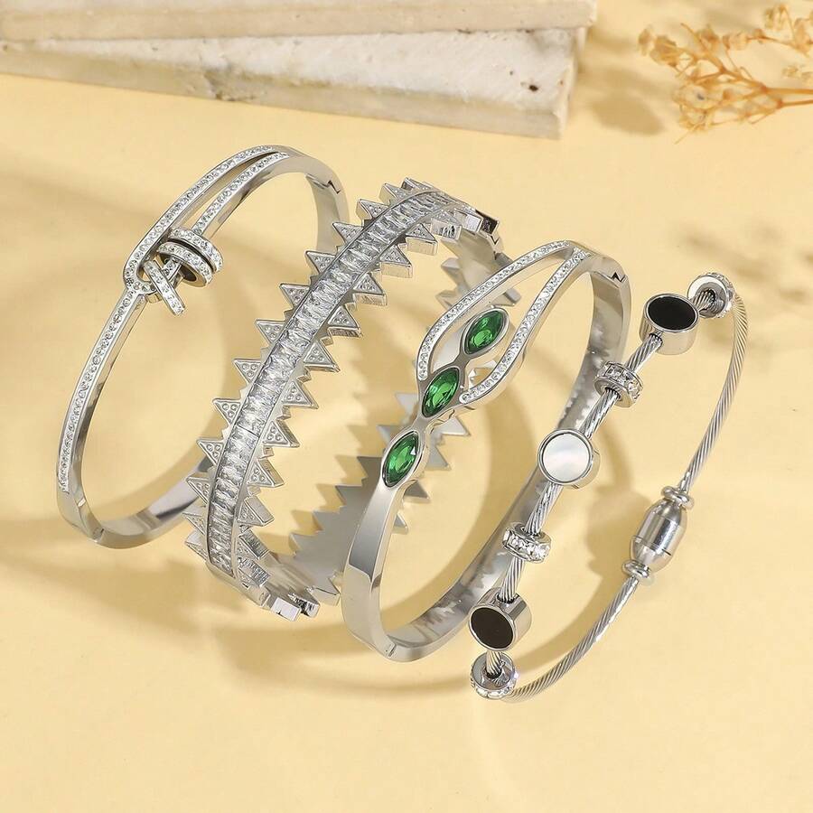 1pc White Fashion Rhinestone Bracelet, Adjustable Elegant Bangle, Luxury Jewelry Suitable For Wedding, Valentine's Day Gift, Daily Wear - Multicolor - View 1