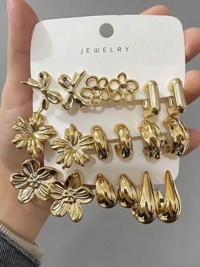 Set de 6/18 pendientes de moda, con diseños exagerados de flor eterna, gota de agua, flor de cinco pétalos y mariposa, adecuados para uso diario y festivo, hechos de resina ABS con baño de oro UV, no se destiñen