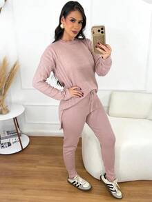Women's Ribbed Knit Set: Mullet Blouse With Long Sleeves, Sweatshirt Set, Sweater, And Jogger Pants With Drawstring Cuffs - Winter Look - 乾枯玫瑰色 - 查看 1