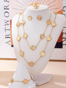 Set 6 buah Kalung, Gelang, Cincin, dan Anting Motif Daun Semanggi Minimalis Retro Elegan, Cocok untuk Pemakaian Sehari-hari - Yellow Gold - View 8