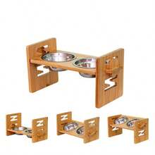 Soporte ajustable de bambú y madera para tazones de mascotas con tazones duales, comedero para perros y gatos que protege el cuello - multicolor - Ver 10