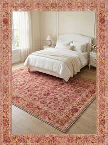 1pc Gold Diamond Velvet + 850g/㎡ + Pointed Toe Gypsum Bottom Printed Carpet, Retro Pink Floral Pattern, Non-Slip Durable, Modern Bohemian Holiday Carpet, Moroccan Washable Design Suitable For Yard, Patio, Balcony, Picnic Outdoor Decor, Study Entrance, Indoor Carpet Mat, Long Hallway Carpet - A - View 3