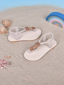 1 đôi dép xăng đan đế bằng mùa hè cho bé gái, có quai cố định ở ngón chân và gót chân, dép xăng đan thời trang cho bé gái, quai thun đính đá, giày lười cho bé gái, dép đi biển phong cách Bohemian, thích hợp cho mùa hè. - Màu be - Xem 6