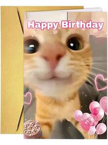 1张趣味生日贺卡（含信封） - 可爱的姜黄色猫咪设计，粉色气球和爱心图案 - 独特创意贺卡，适合宠物主人、猫狗爱好者、朋友和家人 - 完美的生日礼物，节日文具，趣味设计，装饰元素 - 查看 4