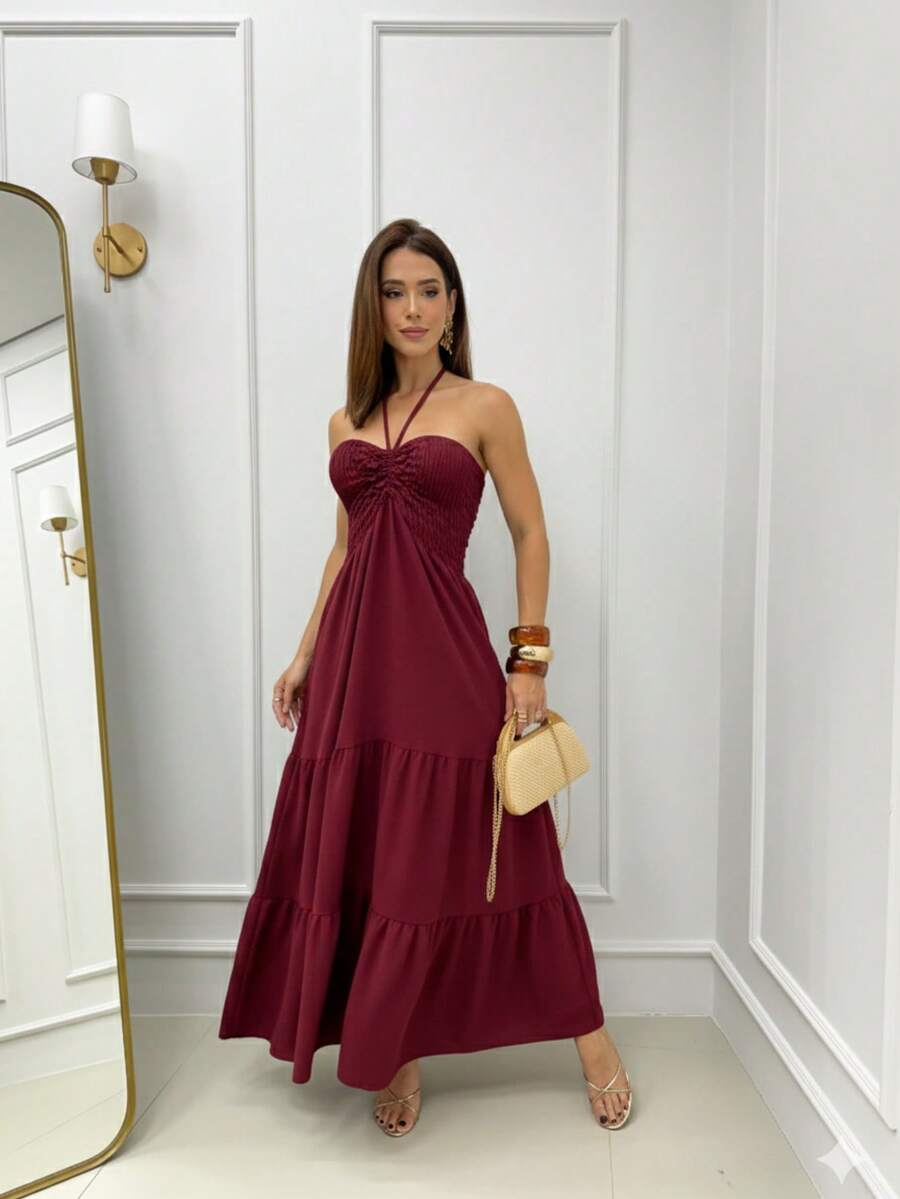 Long Dress With Three Tiers, Elasticated, Multi-Way Detail, Halter Neck, Elegant Boho Style, Gathered Hem With Ruffle, Open Back, Backless, For Weddings. - Màu Đỏ Sâu - Xem 1