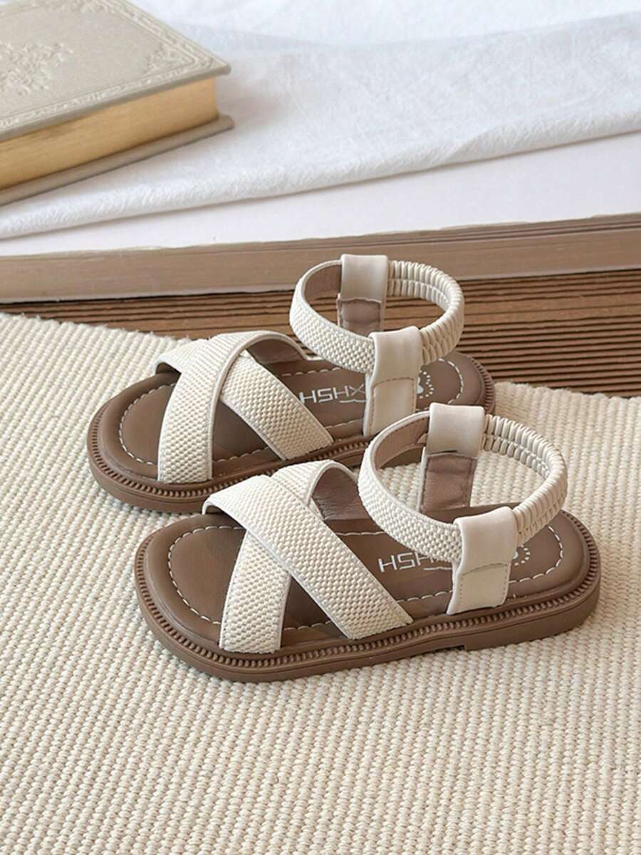 1 Pair Beige Minimalist Cute & Fashionable Design, Massage Pad Bottom, Soft Non-Slip Flat Children Sandals, Toddler Walking Shoes, Suitable For Spring, Summer, Autumn And Winter