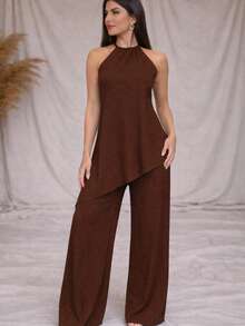 Women's Set: High-Waisted Wide-Leg Pants, Asymmetrical Blouse With Neck Tie, Lined Front, Made Of Anarruga Fabric, Stylish & Comfortable - 鏽棕色 - 查看 2
