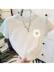 Camiseta Cropped Feminino Gola Redonda em Tecido de Algodão Verão Flor Lançamento Leve e Moderno - Branco - Visão 2