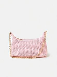 新款时尚细链波西米亚风编织法棍单肩包，适合休闲、度假、购物等场合搭配服装 - 粉色 - 查看 2