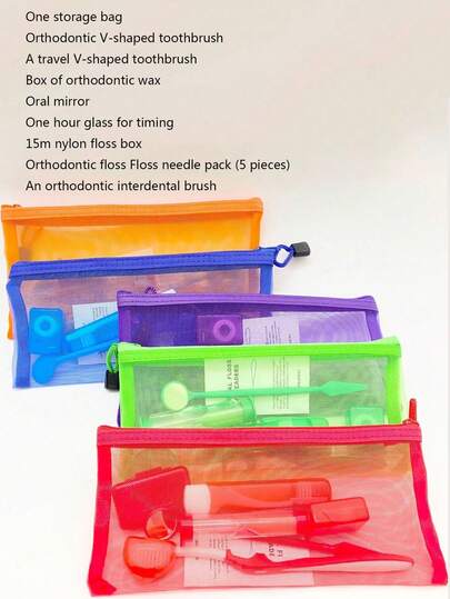 8 piezas Juego de cuidado oral, Kit de cuidado dental ortodóntico, Cepillo de dientes de cerdas suaves, Abrebocas, Juego de espejo dental, Kit ortodóntico de viaje con bolsa de almacenamiento, Conveniente para el hogar, decoración del baño, otoño, vuelta al colegio