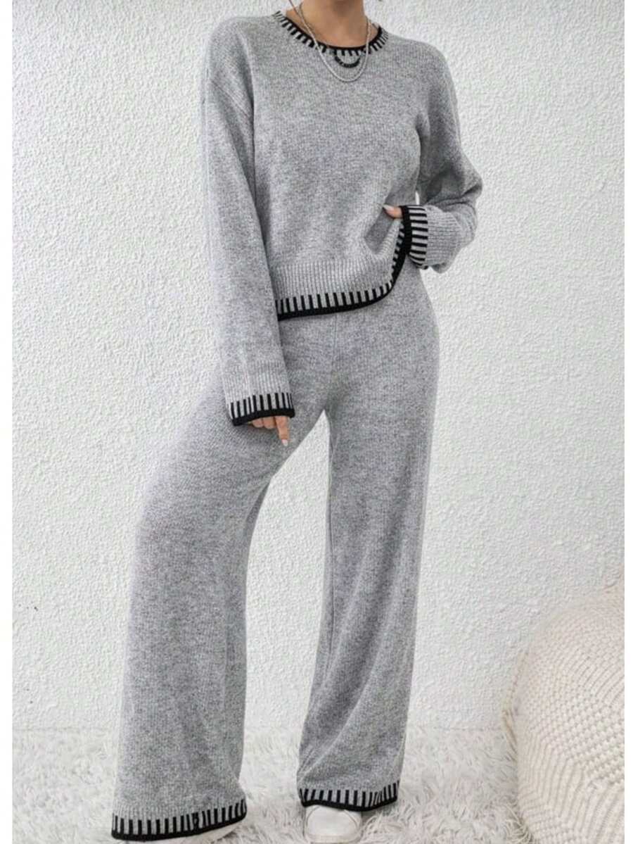 Basic Striped Mousse Women's Knit Set For Autumn/Winter - Light Grey - View 1