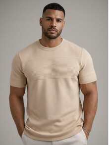 TRICOT DE LUXO Men's Lightweight, Plain, Cool, Basic Crew Neck Knit T-Shirt, High Quality, Premium Quality, For Spring, Summer, And Autumn. - 米色 - 查看 3