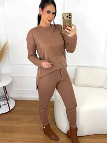 Women's Ribbed Knit Set: Mullet Blouse With Long Sleeves, Sweatshirt Set, Sweater, And Jogger Pants With Drawstring Cuffs - Winter Look - 摩卡 - 查看 1