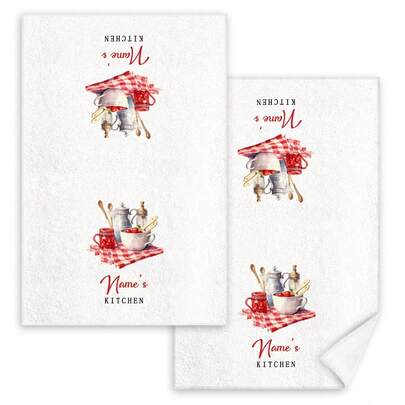 Custom Name Kitchen Towels,  Polyester, Contemporary Food-Themed Pattern, Machine Washable, Absorbent Knit Fabric Hand Towels For Cooking, Baking, Housewarming Gift, Cleaning & Bathroom Use