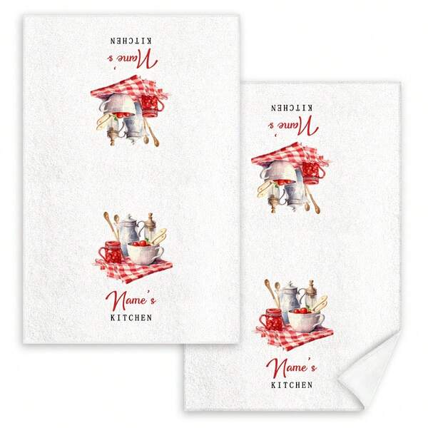 Custom Name Kitchen Towels,  Polyester, Contemporary Food-Themed Pattern, Machine Washable, Absorbent Knit Fabric Hand Towels For Cooking, Baking, Housewarming Gift, Cleaning & Bathroom Use