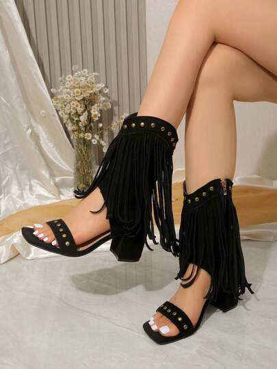 Damen High Heel Römersandalen, einfarbig, modisch, aus Polyesterfaser gefertigt, seitlicher Reißverschluss, Nieten, für den Außenbereich, Frühling/Herbst