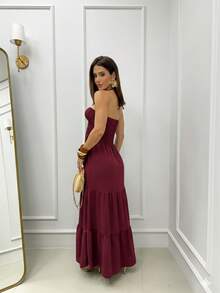 Long Dress With Three Tiers, Elasticated, Multi-Way Detail, Halter Neck, Elegant Boho Style, Gathered Hem With Ruffle, Open Back, Backless, For Weddings. - Màu Đỏ Sâu - Xem 2
