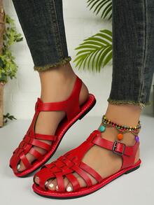 新款编织复古猪笼凉鞋，女士夏季平底时尚百搭 - 紅色 - 查看 13