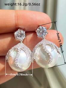 1 Pair Women's Elegant Cubic Zirconia Faux Pearl Dangle Earrings, Suitable For Weddings, Engagements, Parties, Valentine's Day Gift - 1# - View 7