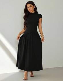 Women's Long Dress With High Neck, Short Sleeves, Loose Fit, Evangelical/Formal Fashion - màu đen - Xem 3