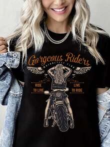 Women's Printed T-Shirt, Motorcycle Girl Style,  Round Neck Short Sleeve Shirt, 100% Cotton, Summer Fashion - màu đen - Xem 1