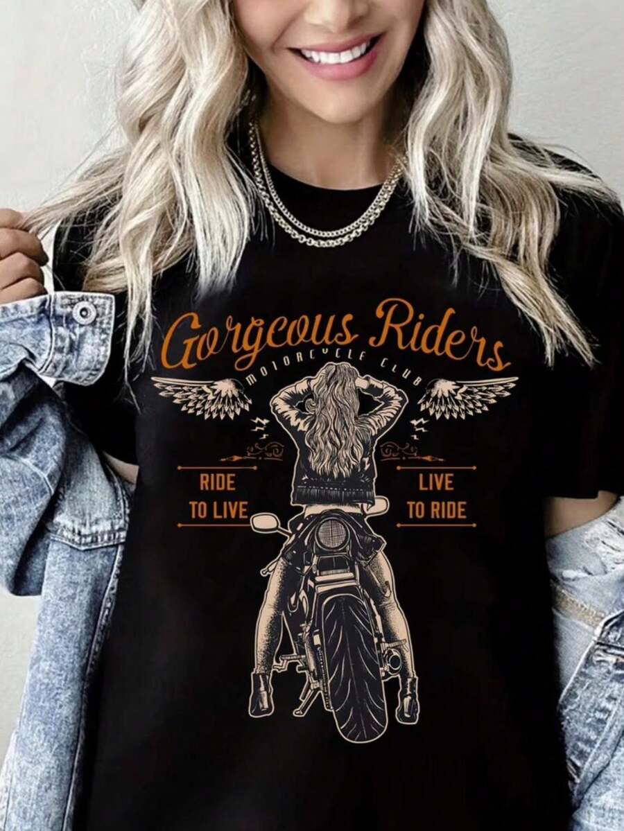 Women's Printed T-Shirt, Motorcycle Girl Style,  Round Neck Short Sleeve Shirt, 100% Cotton, Summer Fashion - màu đen - Xem 1