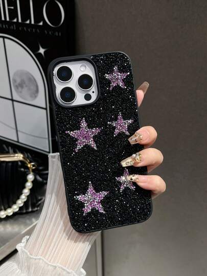 1 st svart enfärgat strassstjärnemönster 2-i-1-skyddsfodral till telefon, lämplig för 17, 16, 15 Pro Max, 14, 13, 12, 11-serien, strassstjärnemönster, minimalistiskt och trendigt telefonskal