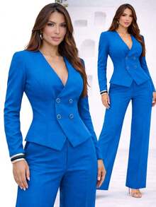 Women's Tailored Set: Blouse, Vest, And Wide-Leg Pants - Elegant And Casual - XANH ALGARVE - Xem 9