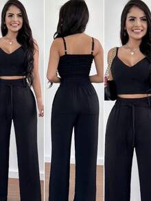 Women's Set: Wide-Leg Pants And Cropped Top With Padded Cups And Adjustable Straps. Available In Autumn/Winter Colors. - Black - View 1