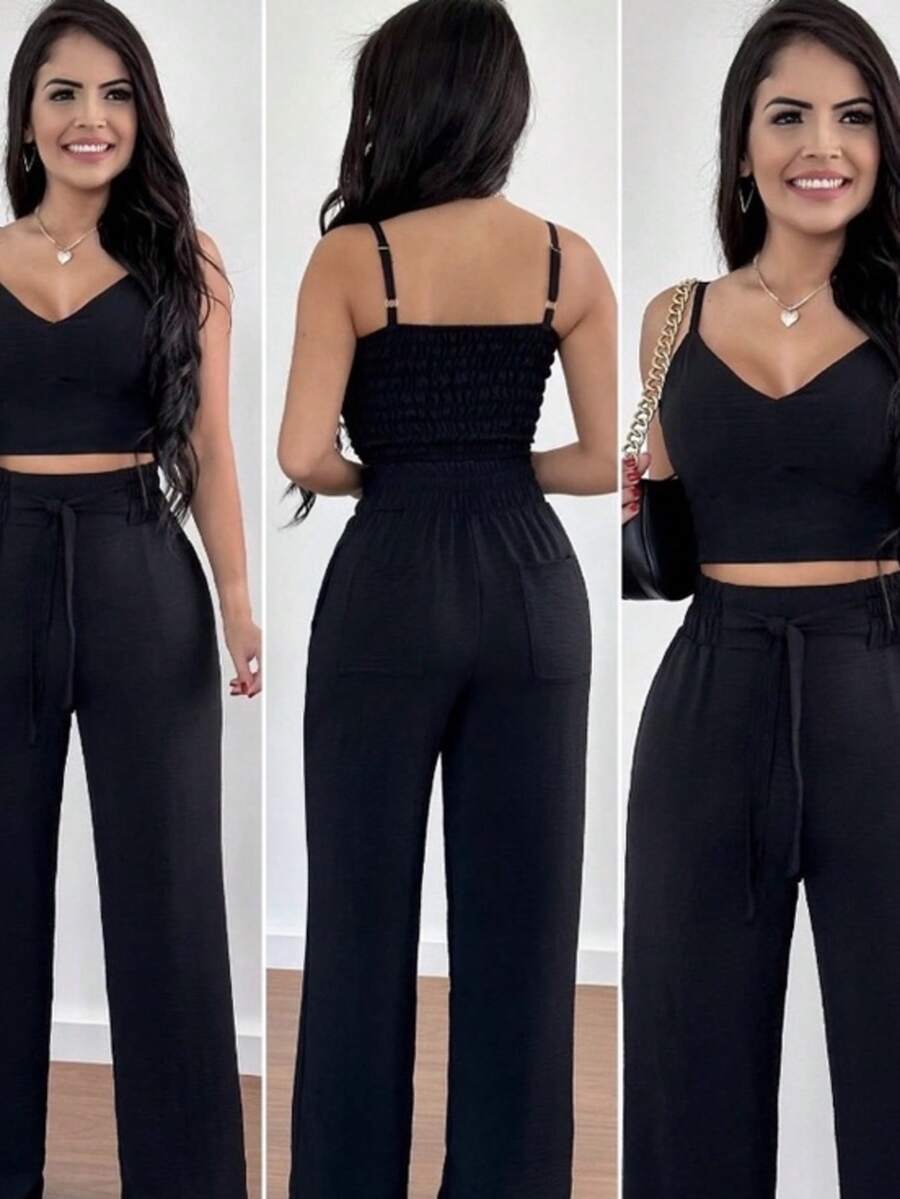 Women's Set: Wide-Leg Pants And Cropped Top With Padded Cups And Adjustable Straps. Available In Autumn/Winter Colors. - Black - View 1