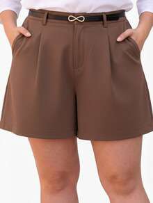 Women's Plus Size Tailored Shorts With Belt And Pockets, High Waist - Rust Brown - View 1