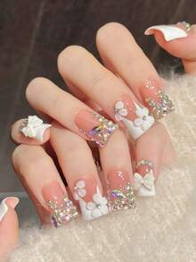 10pcs Handmade Nail Art Stick-On Nails, Removable Acrylic Fake Nails With Cute Bow, Flower, Rhinestone Designs, Suitable For New Year, Valentine's Day, Party, Spring/Summer/Autumn/Winter - Red and White - View 2