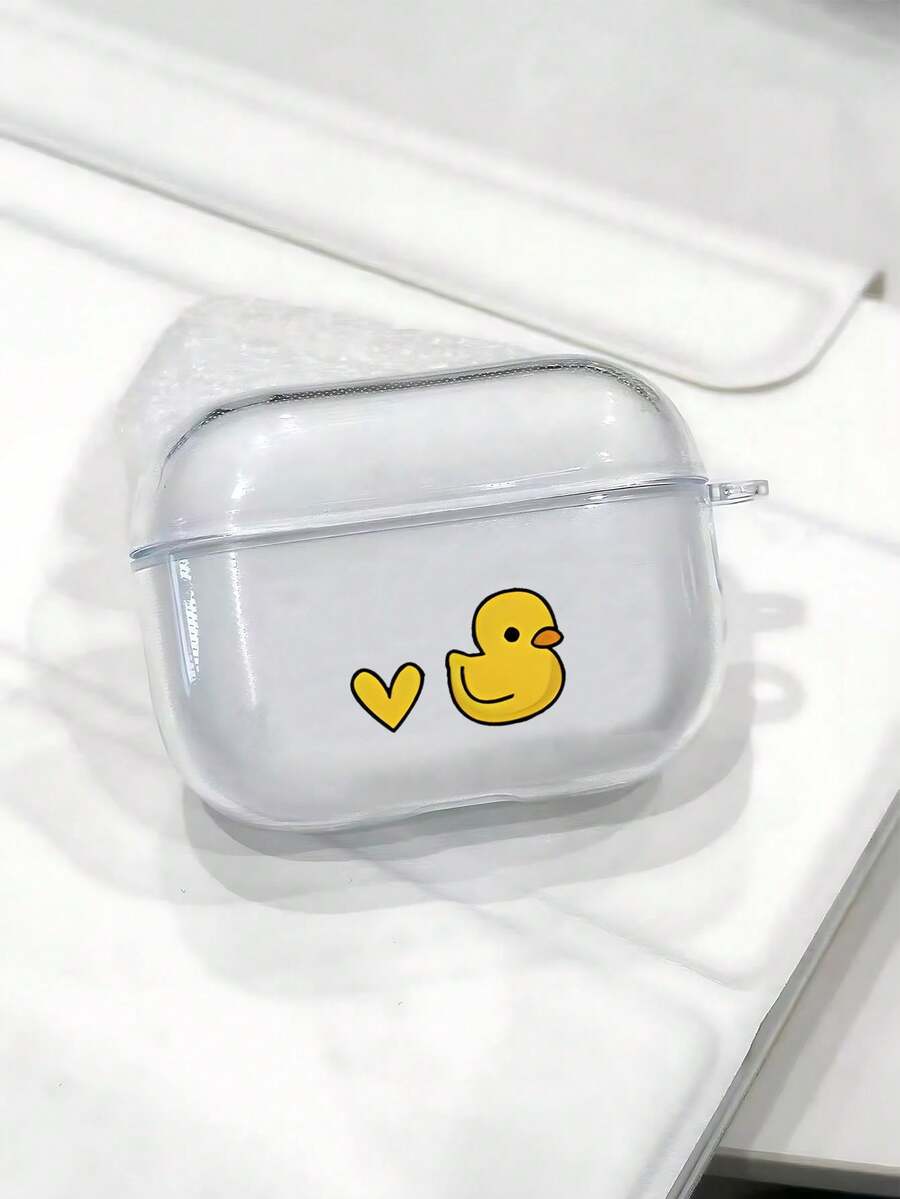 1 Pc Transparent Heart-Shaped Yellow Duck Pattern Shockproof Protective Earbud Case For Men Women Teens, Earbud Protector, Fashionable Daily Use Earbud Case, Suitable Compatible With Airpods 1/2/3/4/Pro/Pro2/Pro3 - Clear - View 1